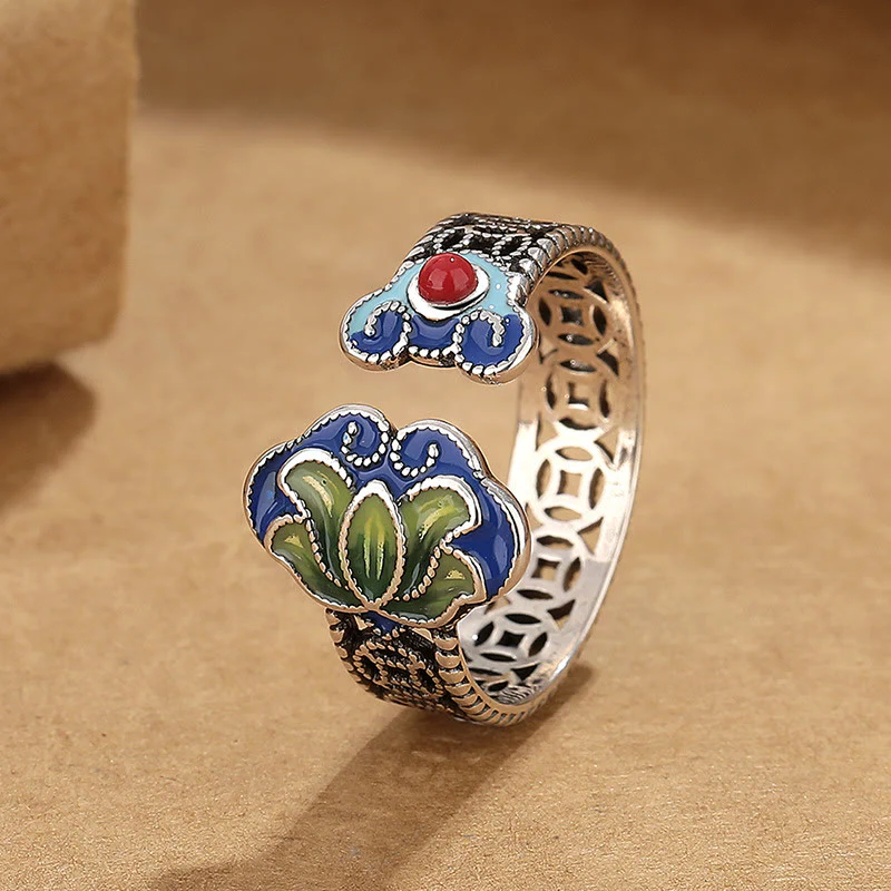 Buddha Stones Lotus Flower Copper Coins Ruyi Handle Pattern Enlightenment Adjustable Ring