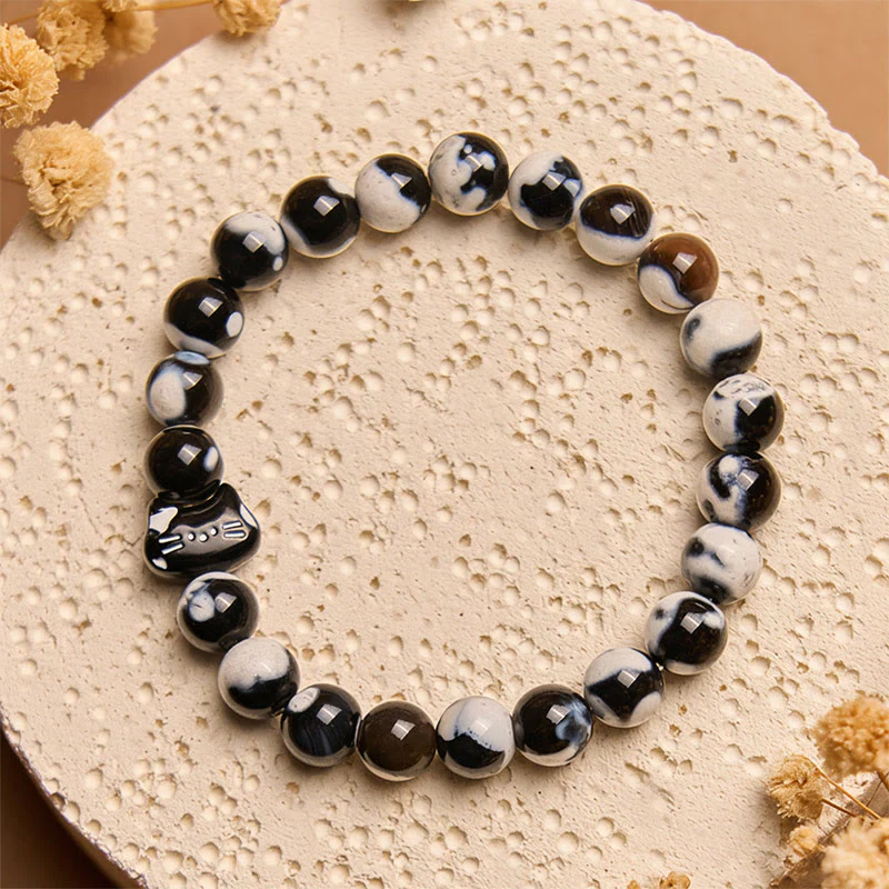 Buddha Stones Black and White Cat Fire Agate Confidence Bracelet
