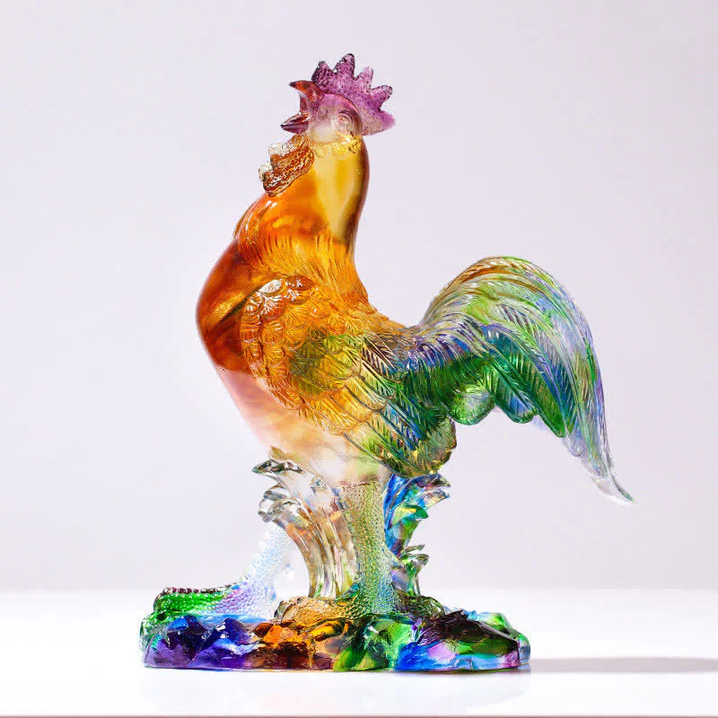 Buddha Stones Handmade Liuli Crystal Rooster Art Piece Home Decoration