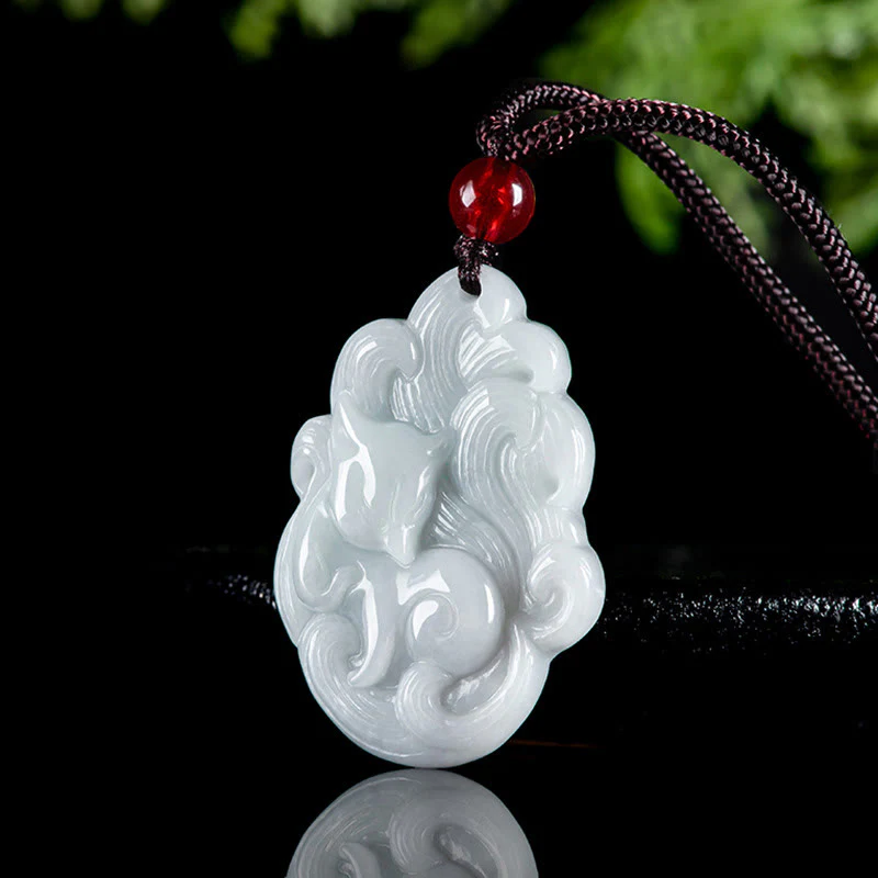 Buddha Stones Natural Jade Nine Tailed Fox Luck Necklace Pendant