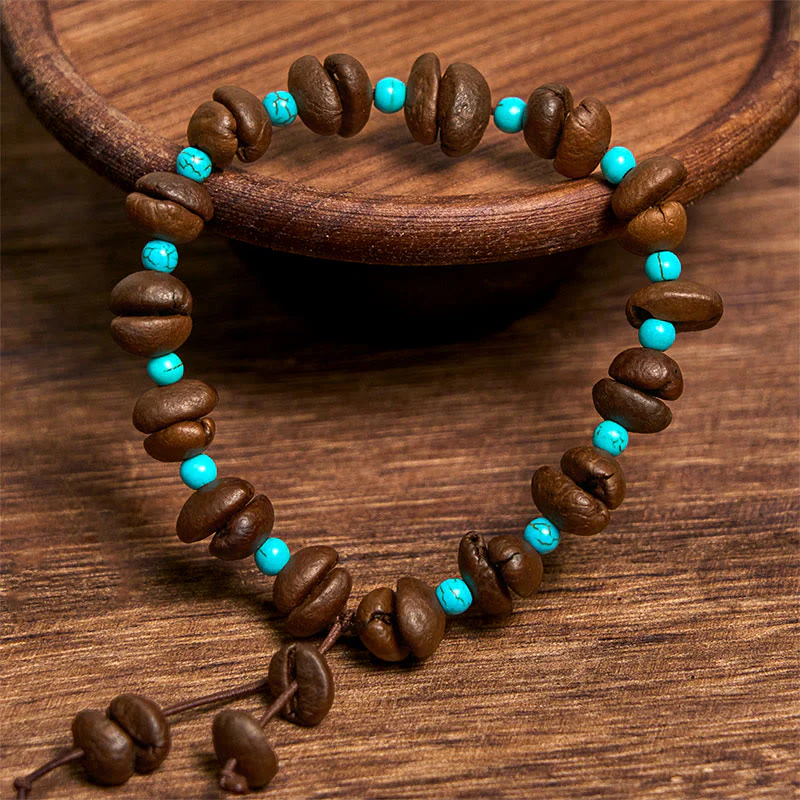 Buddha Stones Handmade Natural Coffee Beans Turquoise Beads Bracelet