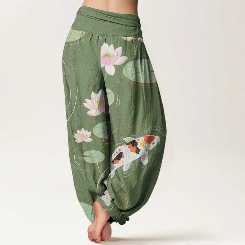 Buddha Stones Lotus Flower Lotus Leaves Koi Fish Water Ripples Pattern Women's Elastic Waist Harem Pants
