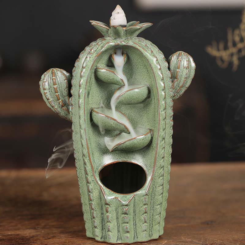 Buddha Stones Cactus Ceramic Healing Backflow Smoke Fountain Incense Burner