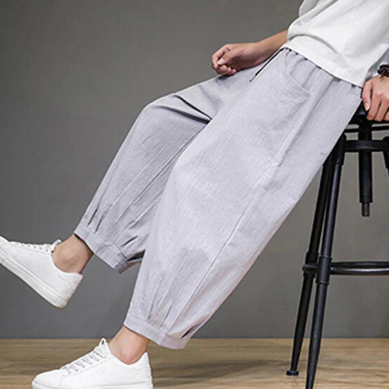 Buddha Stones Simple Cotton Men's Cropped Capri Harem Pants With Pockets