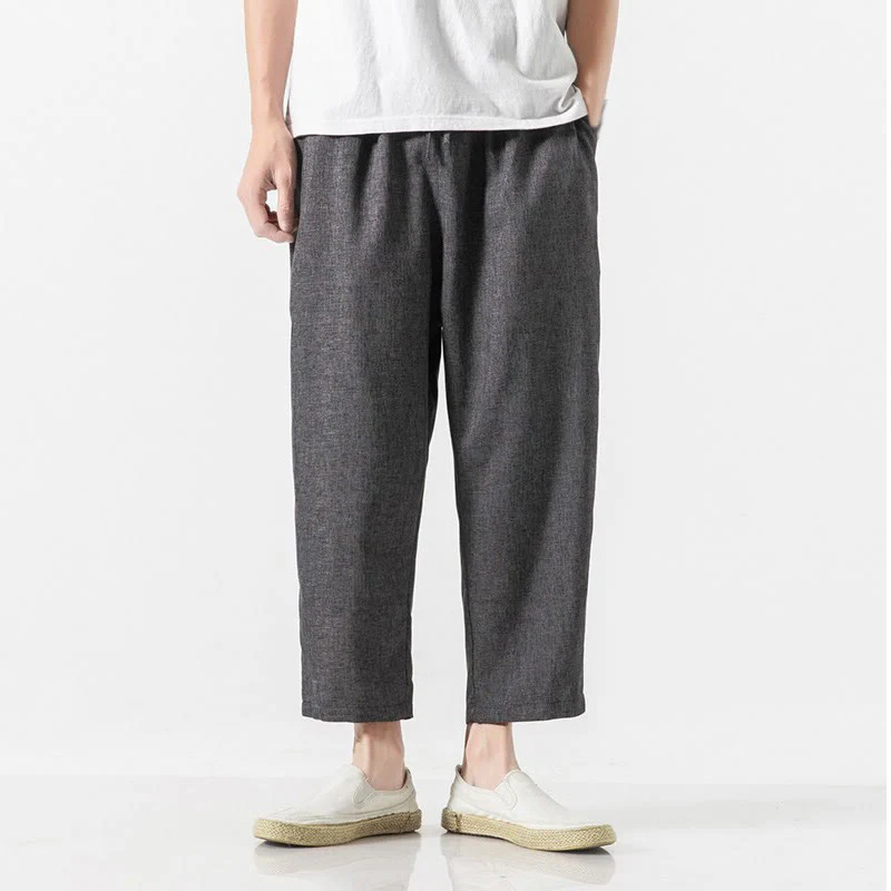 Buddha Stones Summer Plain Men's 7-8 Length Cotton Linen Pants With Pockets