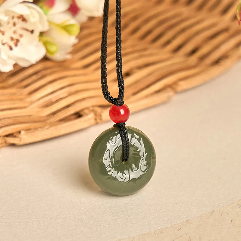 Buddha Stones Peace Buckle Auspicious Clouds Cyan Jade Necklace Luck Pendant