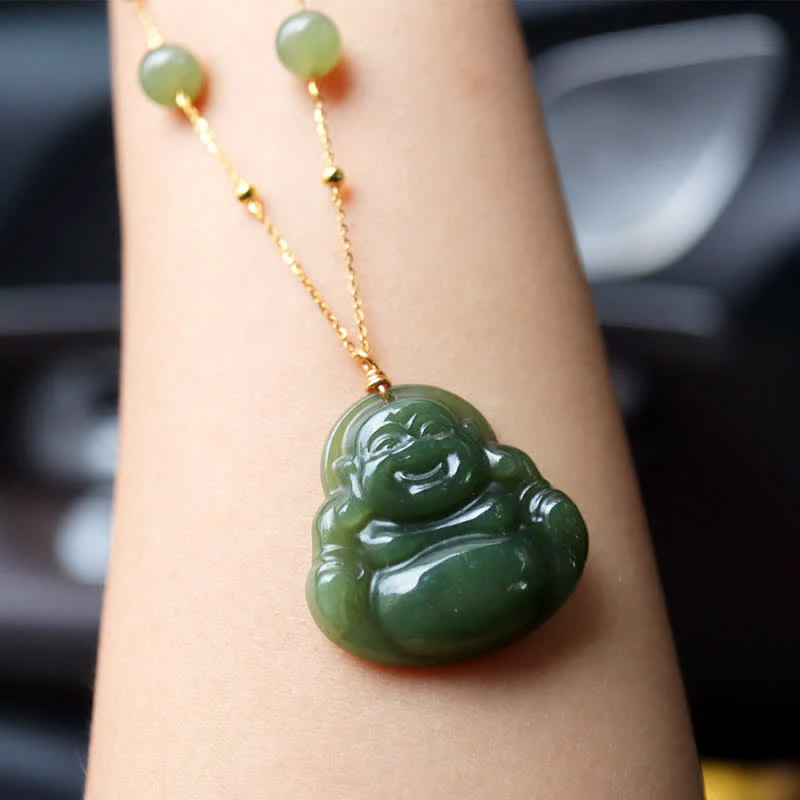 Buddha Stones Laughing Buddha Hetian Jade Luck Necklace Bead Chain Pendant