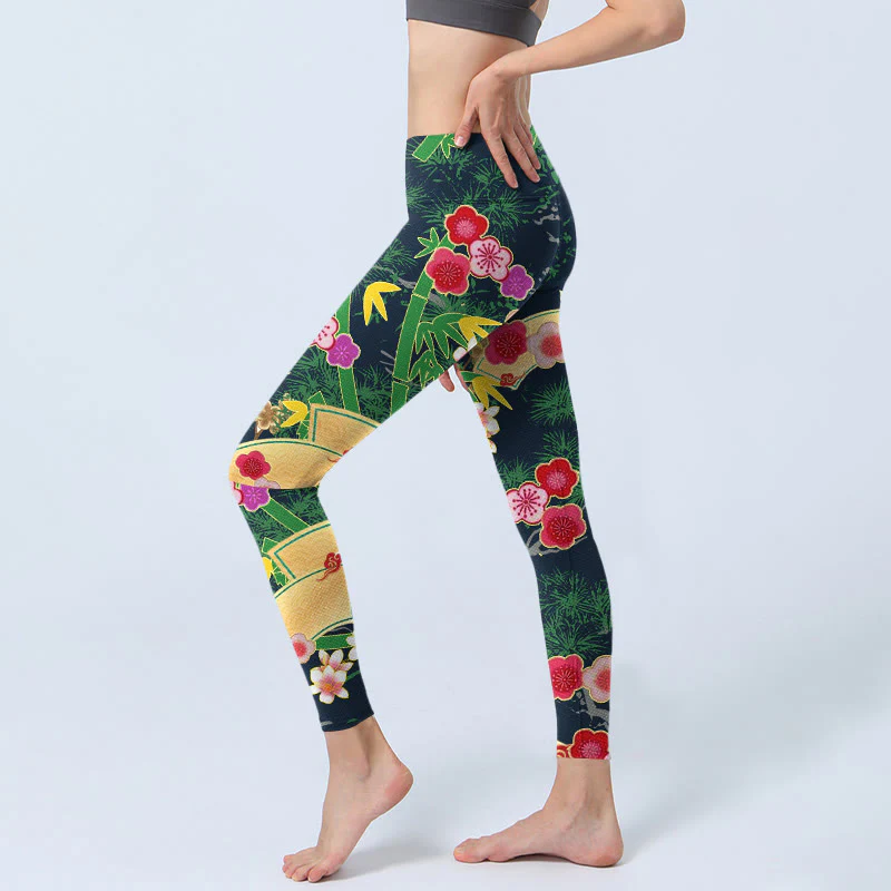 Buddha Stones Cherry Blossoms Bamboo Pine Tree Print Gym Leggings Women's Yoga Pants