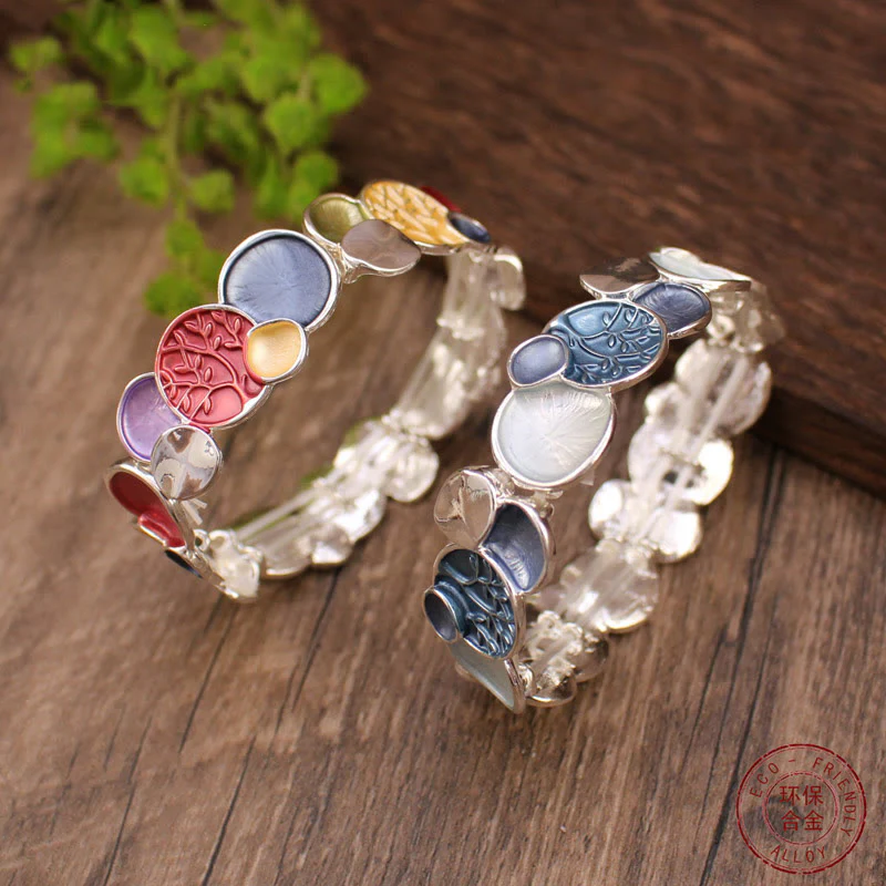 Buddha Stones The Tree Of Life Round Pattern Unity Alloy Elastic Bracelet Bangle