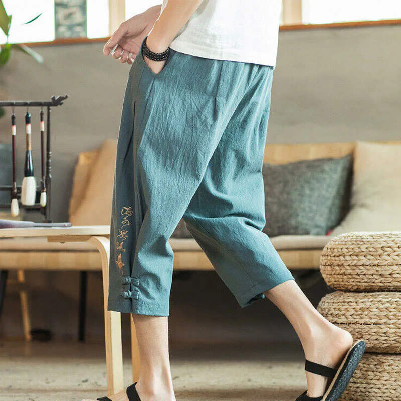 Buddha Stones Crane Embroidery Cotton Men's Cropped Harem Pants With Pockets