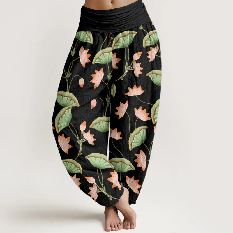 Buddha Stones Pink Lotus Flowers Lush Green Leaves Pattern Women's Elastic Waist Harem Pants