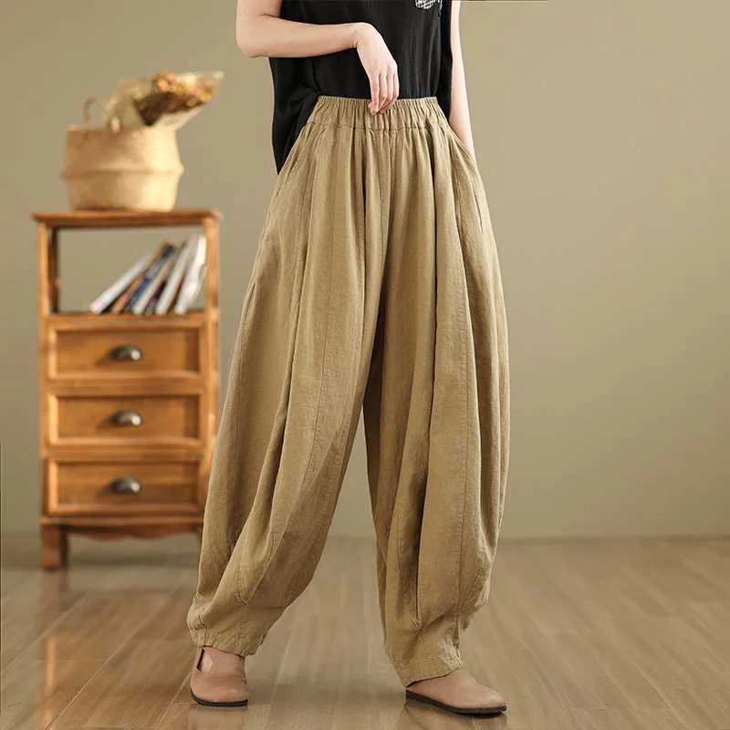 Buddha Stones Spring Casual Simple Design Women's Cotton Linen Harem Pants With Pockets