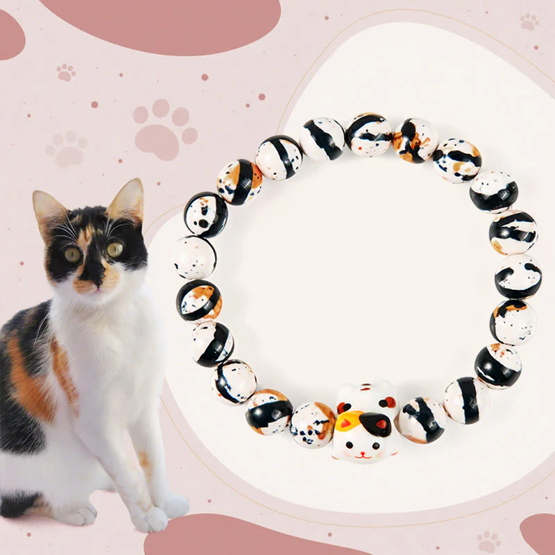 Buddha Stones Calico Cat Natural Stone Ceramic Kitten Head Strength Bracelet