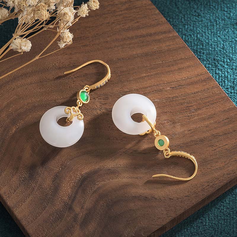 Buddha Stones FengShui White Jade Blessing Drop Earrings