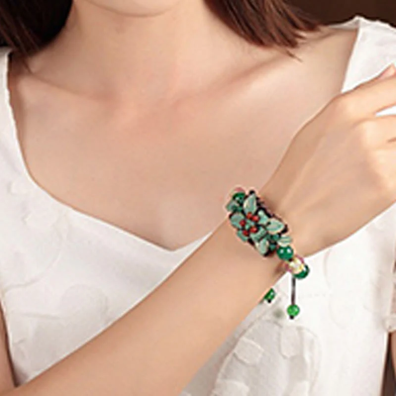 Buddha Stones Green Agate Glass Flower Beads Braided Knot Support Bracelet