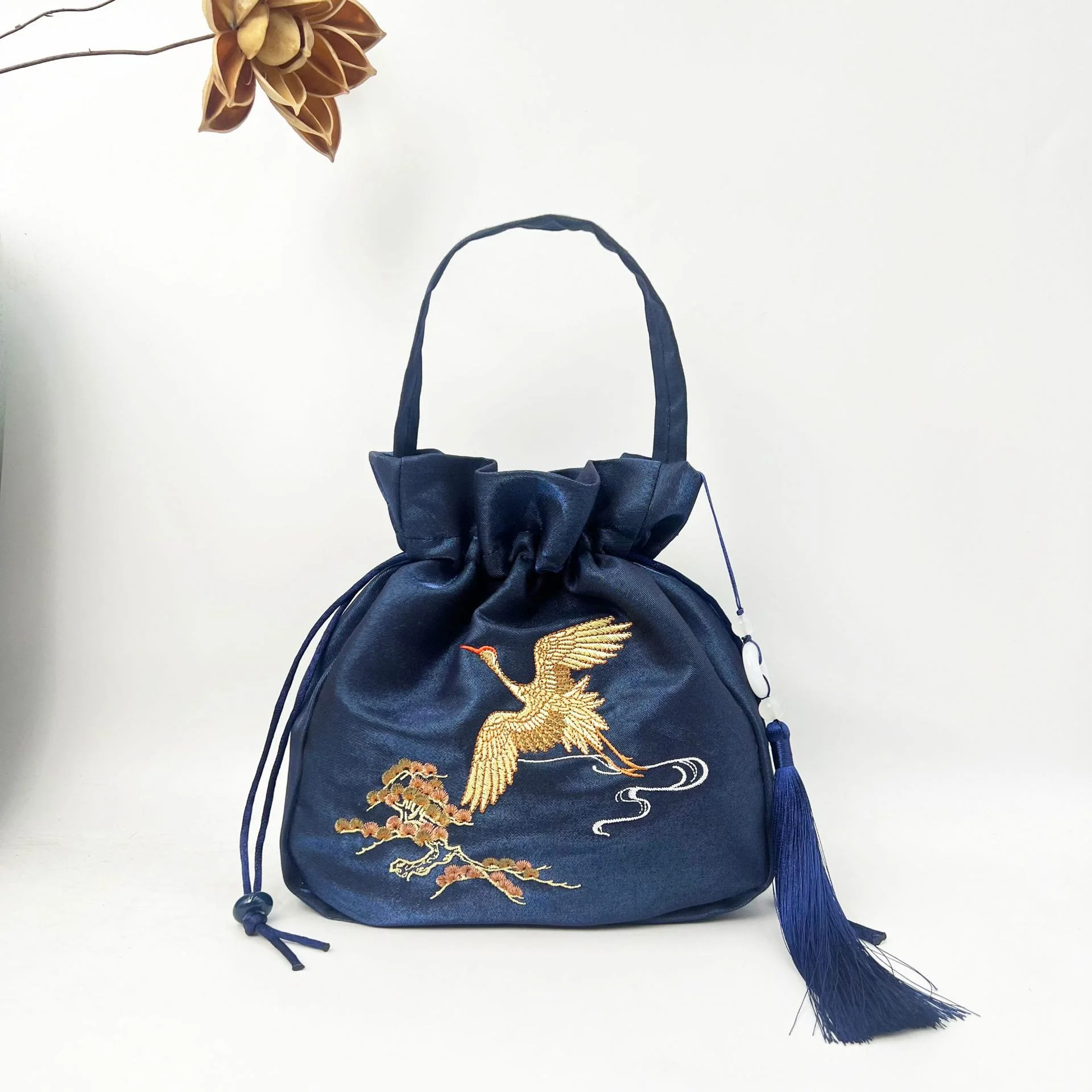 Buddha Stones Embroidered Lotus Koi Fish Crane Camellia Cotton Linen Tote Crossbody Bag Shoulder Bag Handbag