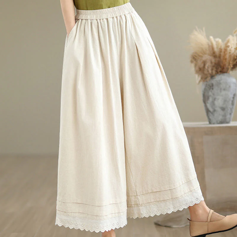 Buddha Stones Commute Simple Lace Design 7-8 Length Women's Wide Leg Cotton Linen Pants With Pockets