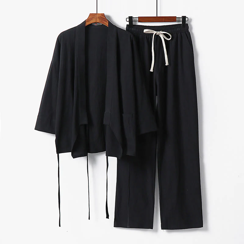 Buddha Stones 2Pcs Lace-up Cotton Kimono Pants With Pockets Men's Meditation Cloth Set