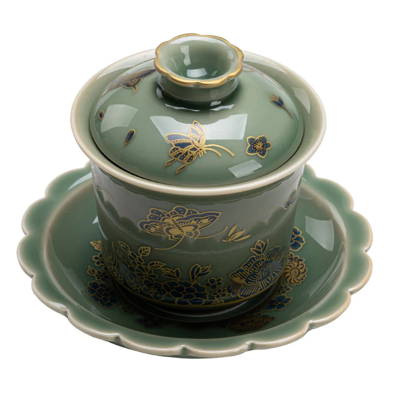 Buddha Stones Green Porcelain Butterfly Flower Salmon Fish Ceramic Gaiwan Sancai Teacup Kung Fu Tea Cup And Saucer With Lid