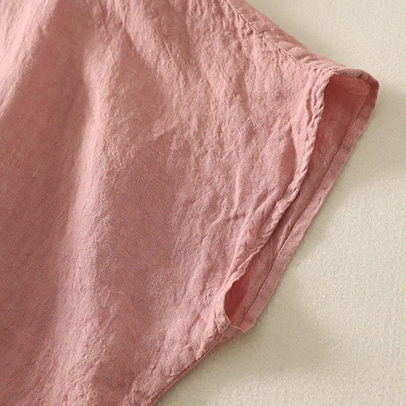 Buddha Stones Summer Plain Red Buttons Short Sleeve Women's Cotton Linen Shirt