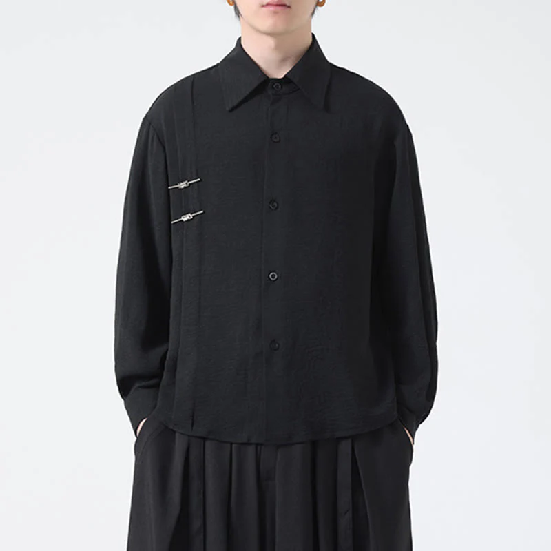 Buddha Stones Plain Buttons Stand Collar Long Sleeve Men's Cotton Shirt