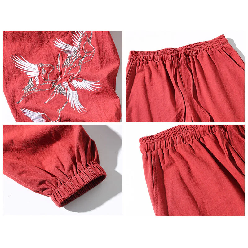 Buddha Stones White Crane Embroidery Design Drawstring Men's Harem Pants With Pockets