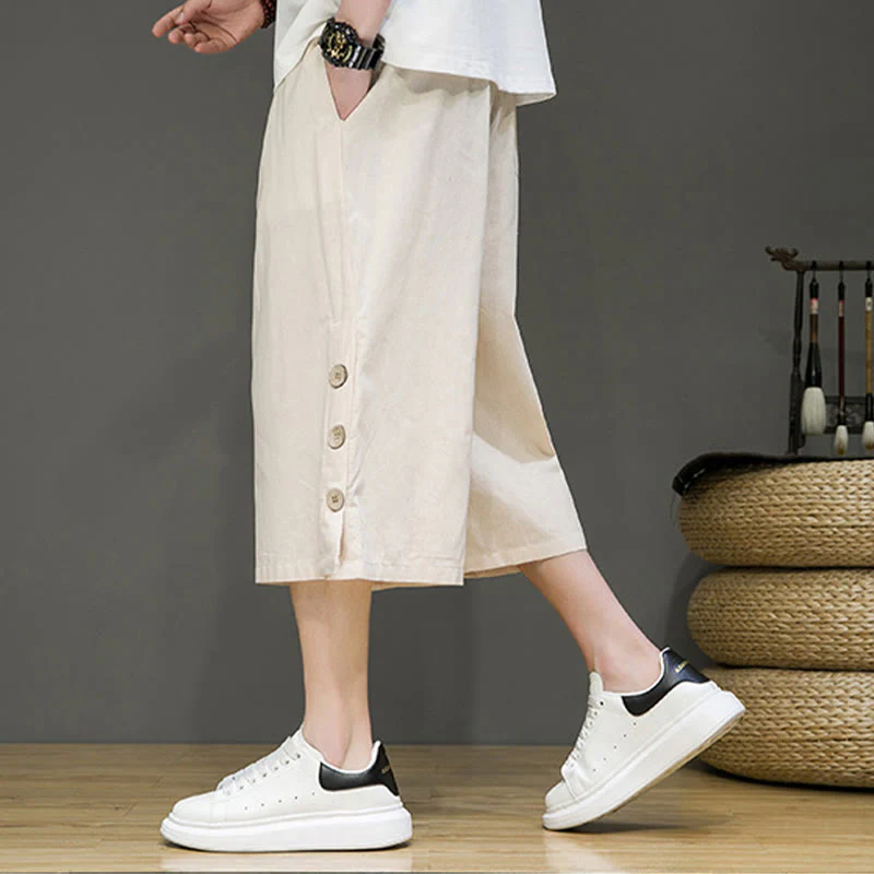 Buddha Stones Casual Plain Side Button Design Drawstring Men's Cotton Cropped Pants With Pockets