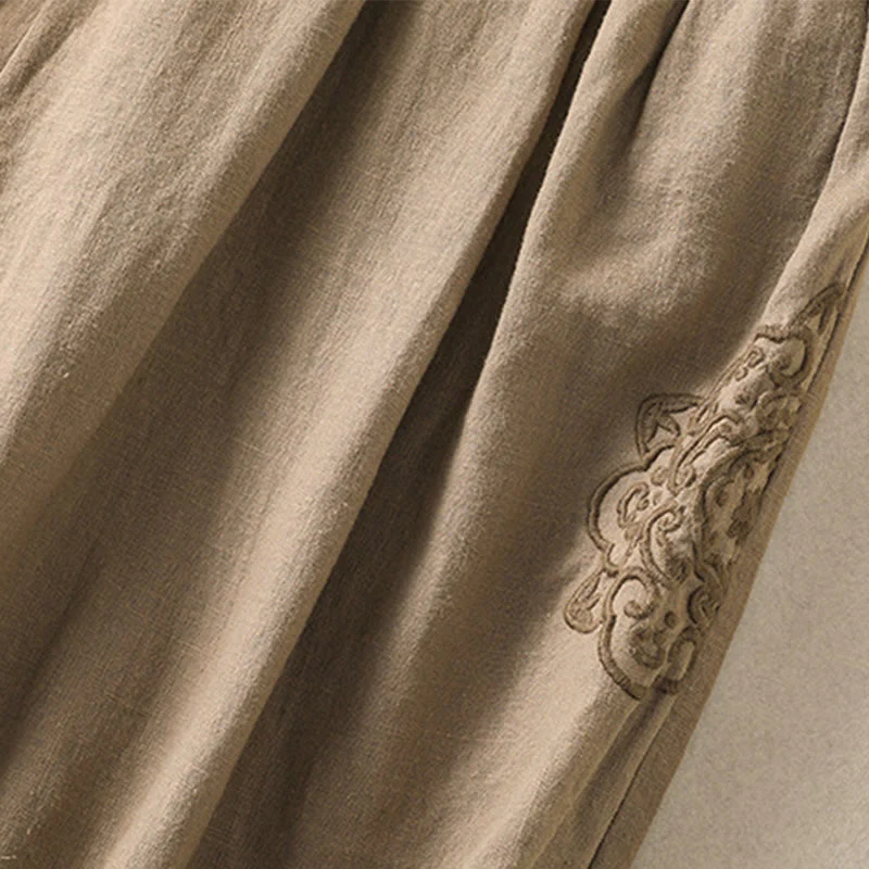 Buddha Stones Casual Embroidery Women's Cotton Linen 7-8 Length Harem Pants With Pockets