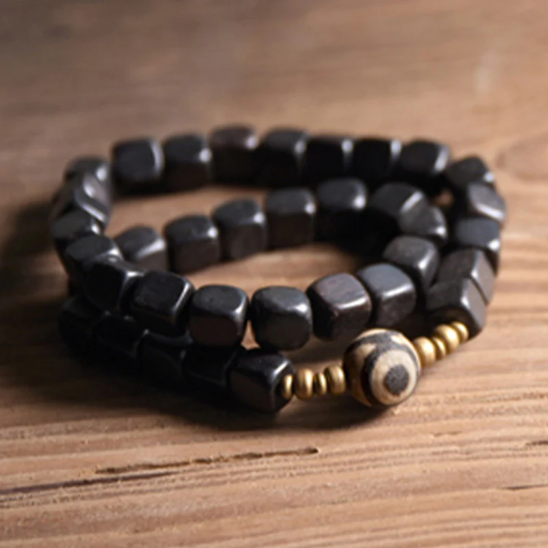 Buddha Stones Ebony Wood Dzi Bead Copper Peace Couple Bracelet