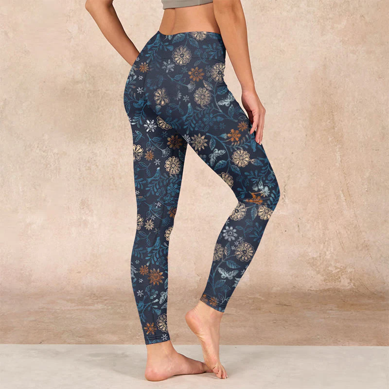 Buddha Stones New York Aster Flowers Leaves Print Gym Fitness Leggings Women's Yoga Pants