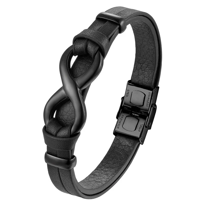 Buddha Stones Endless Knot Titanium Steel Strengthen Leather Buckle Bracelet