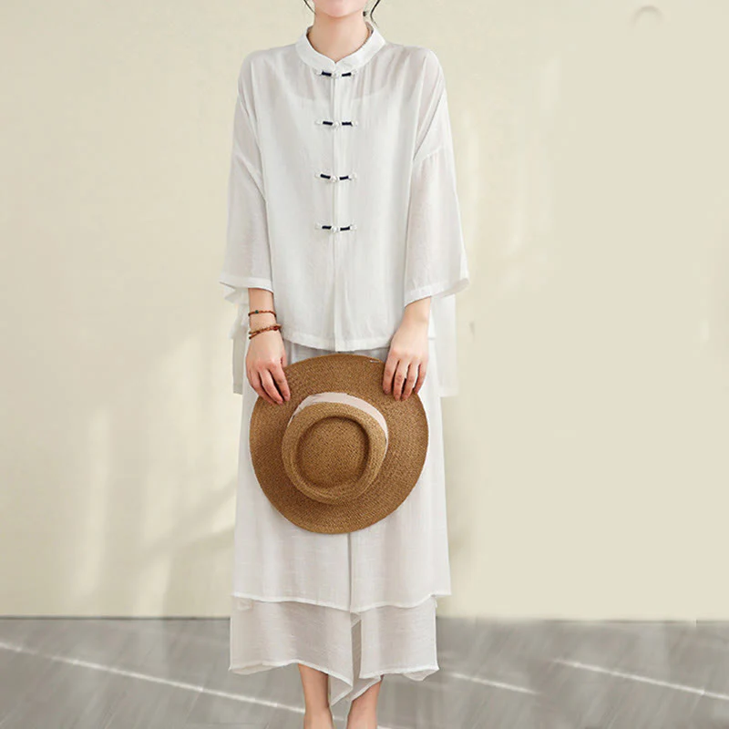 Buddha Stones 2pcs Casual Women's Frog Button Shirt Loose Pants Meditation Clothing Set