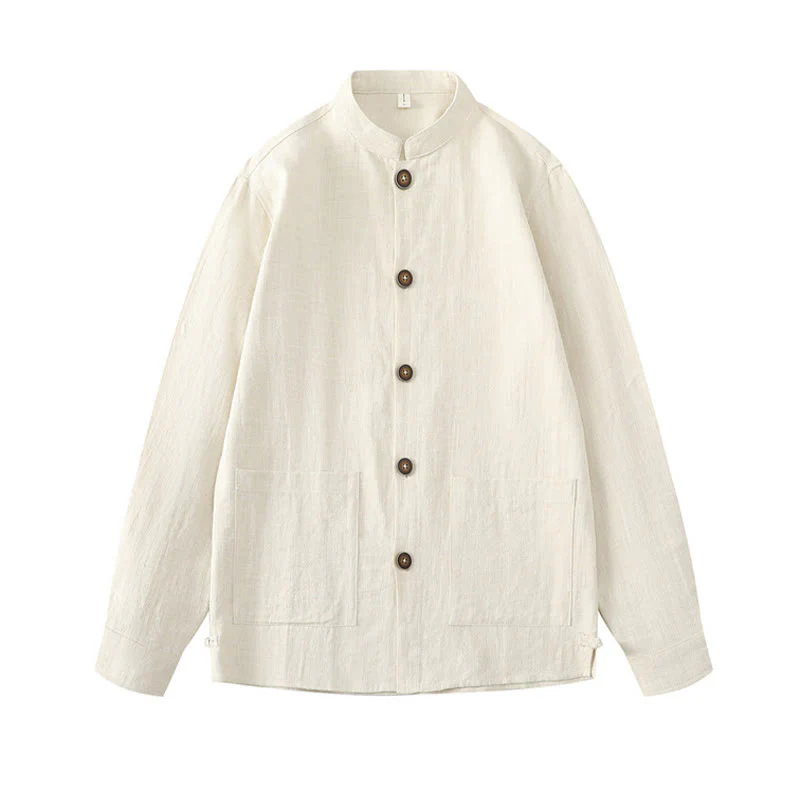 Buddha Stones Men's Button Ramie Linen Cotton Fleece Lined Jacket Shirt With Pockets