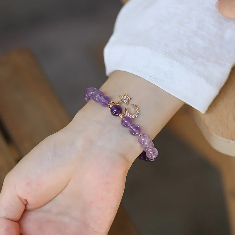 Buddha Stones Amethyst Crystal Moon Star Healing Bracelet