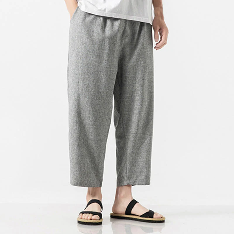 Buddha Stones Summer Plain Men's 7-8 Length Cotton Linen Pants With Pockets