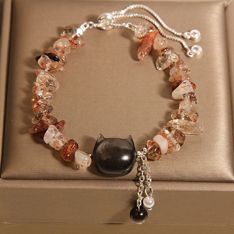 Buddha Stones Natural Pink Crystal Agate Gravel Stone Cat Head Soothing Bracelet
