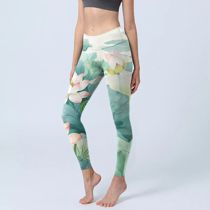 Buddha Stones Lotus Flowers Leaves Lotus Pods Pattern Print Gym Leggings Women's Yoga Pants