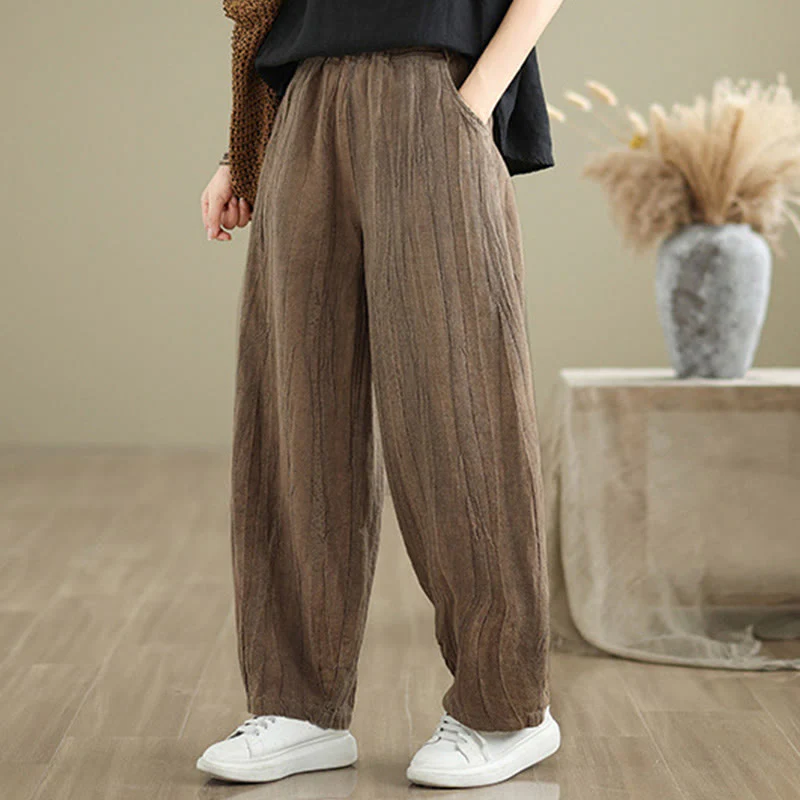 Buddha Stones Casual Plain Women's Cotton Linen Harem Pants With Pockets