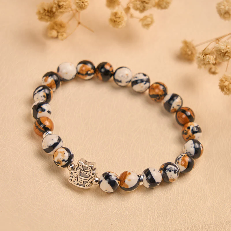 Buddha Stones 925 Sterling Silver Calico Cat Stone Bead Bracelet