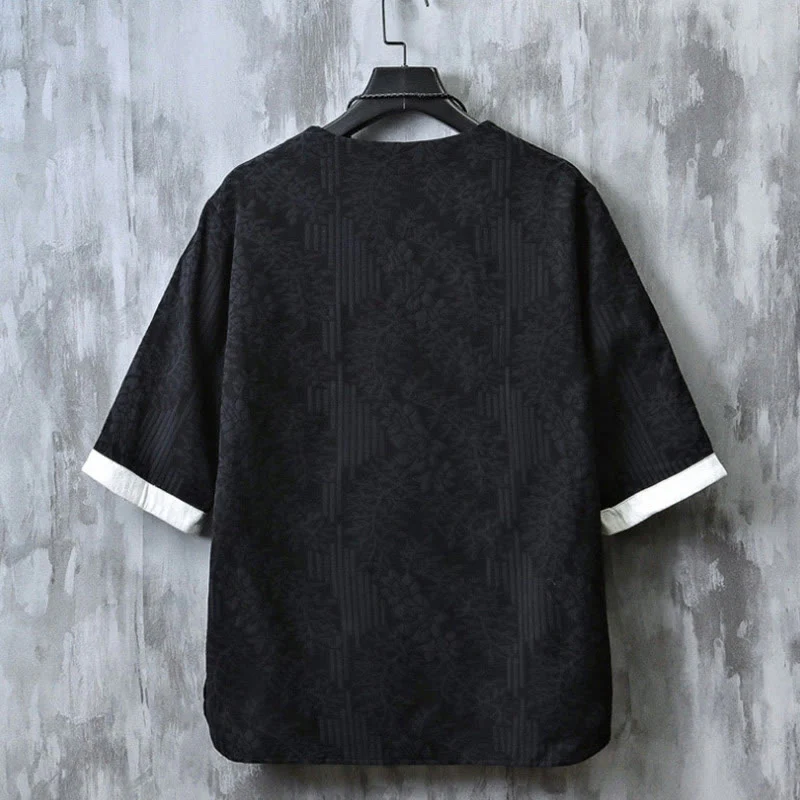 Buddha Stones Casual Retro Jacquard Chinese Frog-Button Design Men's Crew Neck Half Sleeve Cotton Shirt