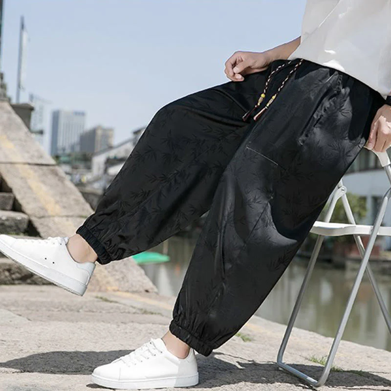 Buddha Stones Summer Ice Silk Jacquard Bamboo Pattern Men's Drawstring Cotton Pants With Pockets