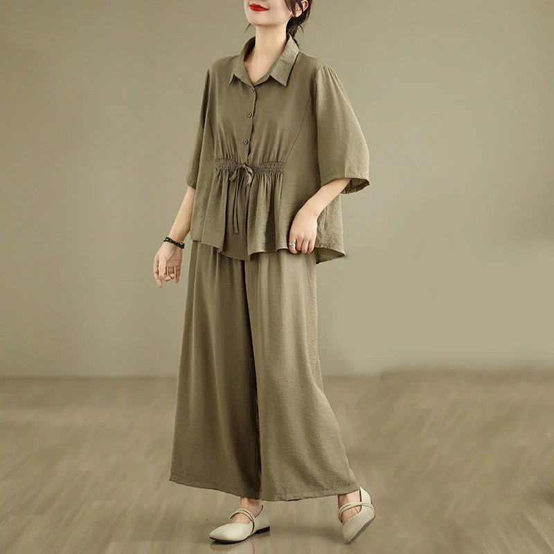 Buddha Stones 2pcs Casual Women's Stand Collar Shirt Loose Pants Meditation Clothing Set