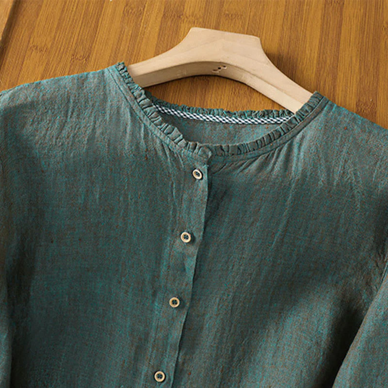Buddha Stones Spring Solid Color Buttons Design Ruffled Crew Neck Women's Cotton Linen Shirt