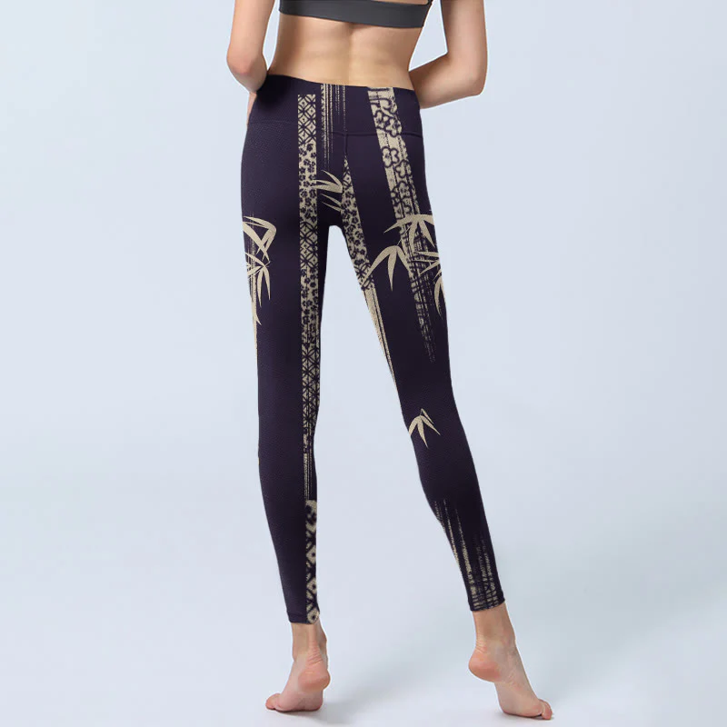 Buddha Stones Bamboo Water Wave Pattern Print Gym Leggings Women's Yoga Pants