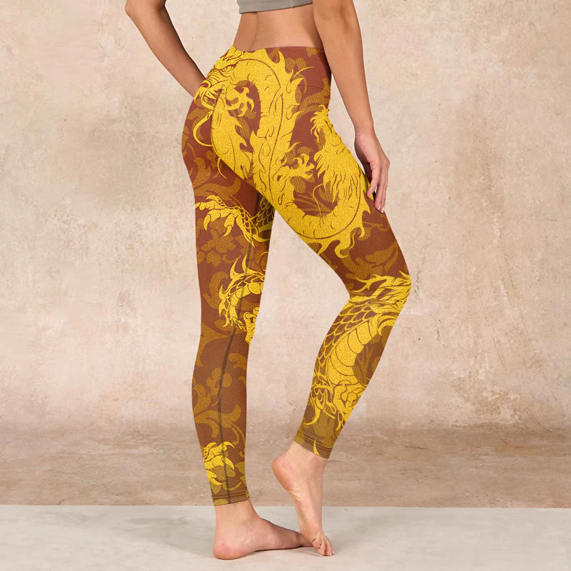 Buddha Stones Golden Dragon Flowers Print Gym Leggings Women's Yoga Pants