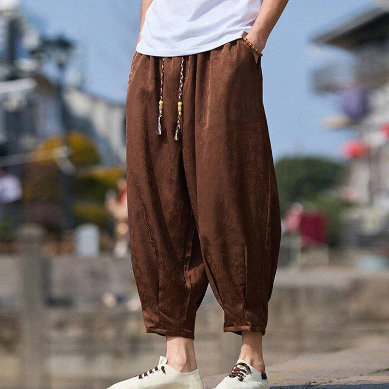 Buddha Stones Summer Character Embroidery Design Drawstring Men's 7-8 Length Pants With Pockets