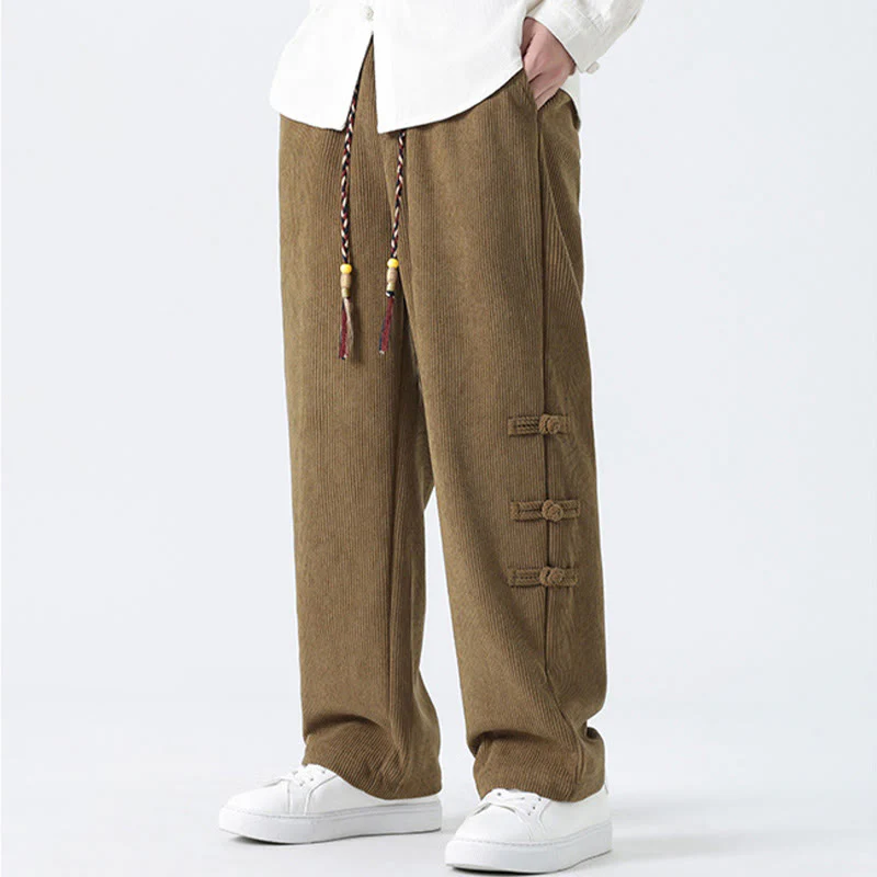 Buddha Stones Plain Chinese Frog-Button Design Drawstring Men's Corduroy Pants With Pockets