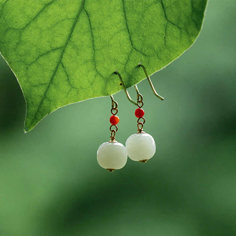 Buddha Stones 925 Sterling Silver 14K Gold Plated Hetian Jade Red Agate Luck Drop Dangle Earrings