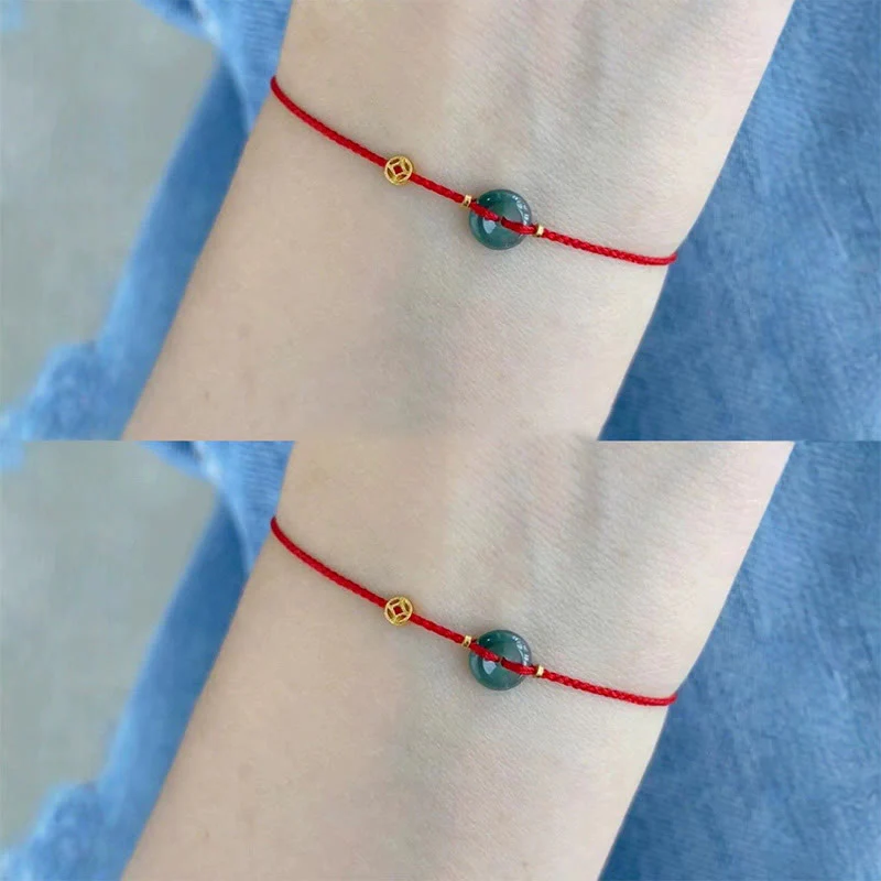Buddha Stones Peace Buckle Copper Coins Jade Red String Connection Bracelet Anklet