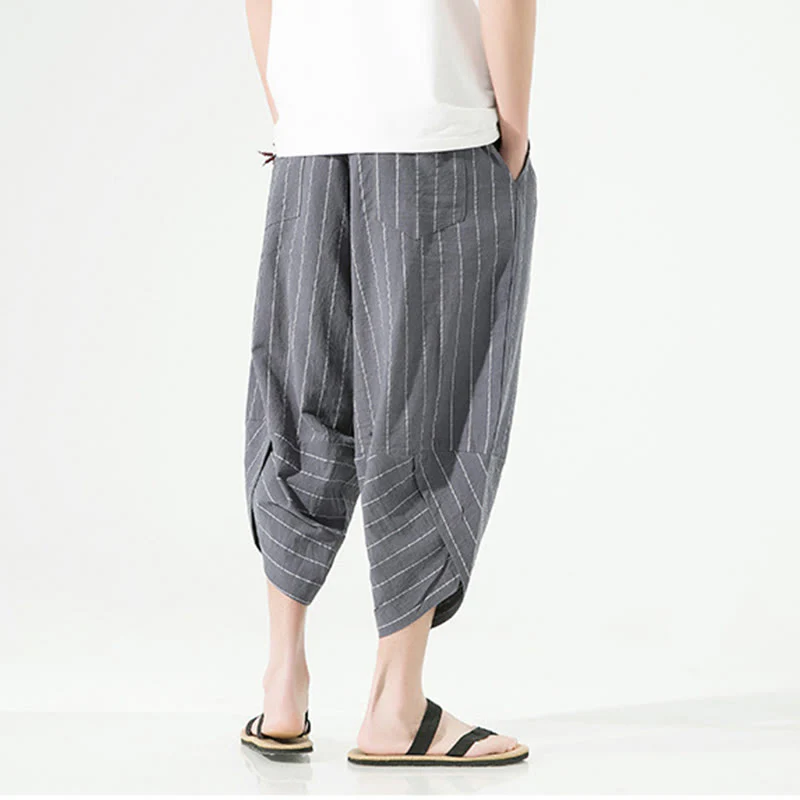 Buddha Stones Casual Plain Stripes Pattern Drawstring Men's 7-8 Length Cotton Linen Harem Pants With Pockets